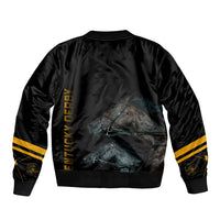 Black bomber jacket with gold striped cuffs and large back horse graphic panel