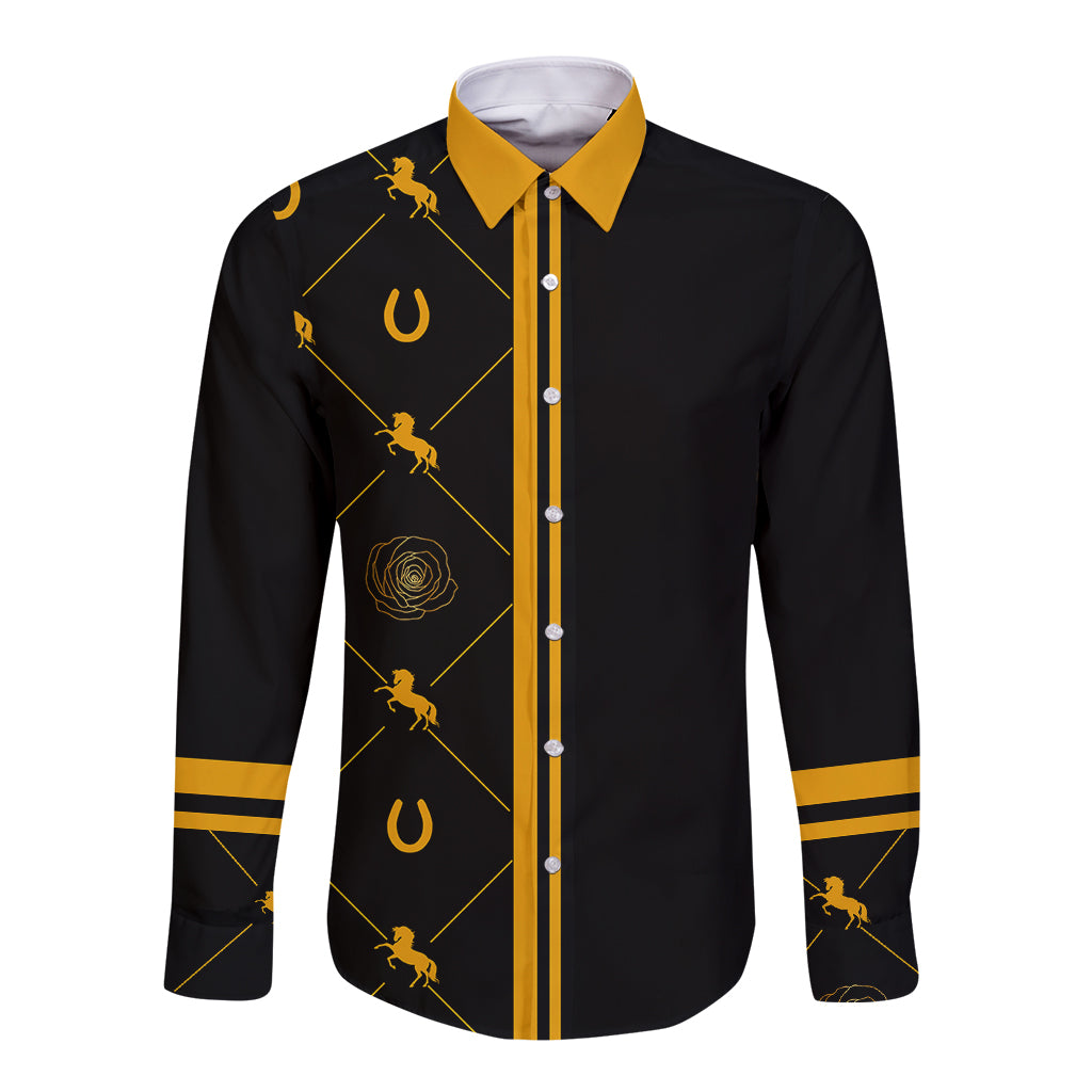 Black long-sleeve button shirt with gold placket, yellow collar, and horse graphic