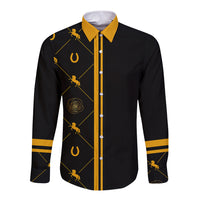 Black long-sleeve button shirt with gold placket, yellow collar, and horse graphic