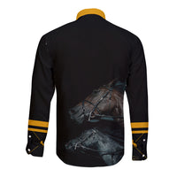 Black long-sleeve button shirt back with large horse print and gold stripe cuffs
