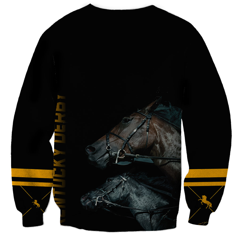 Unisex black sweatshirt with back horse graphic, gold text side, and gold stripes