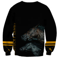 Unisex black sweatshirt with back horse graphic, gold text side, and gold stripes