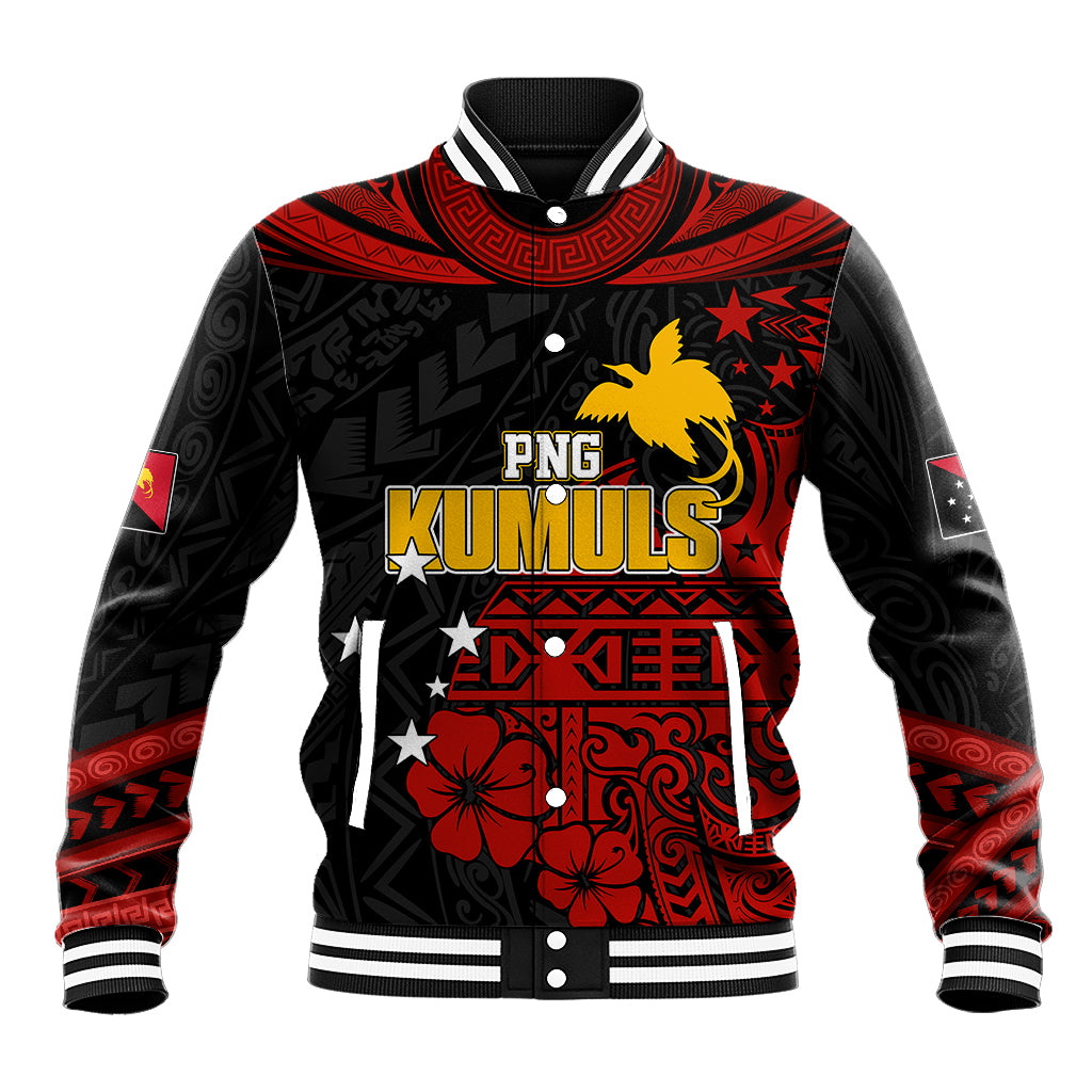 Black rugby baseball jacket with striped rib collar, red graphics, KUMULS front print