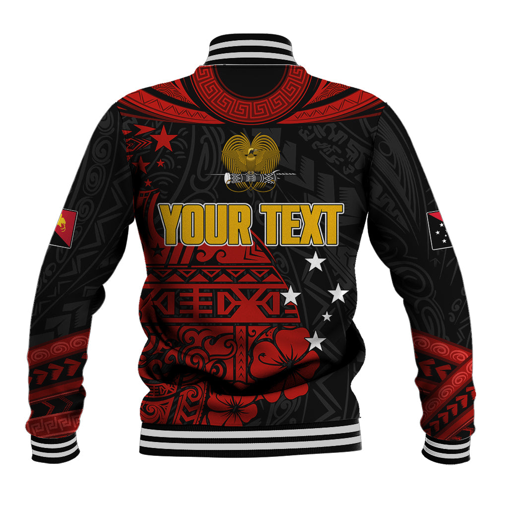 Black rugby baseball jacket with striped rib collar, red back design, 'YOUR TEXT' print