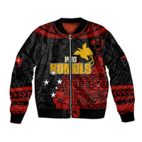 Unisex black zip-up bomber jacket with red tribal graphic and ribbed collar cuffs