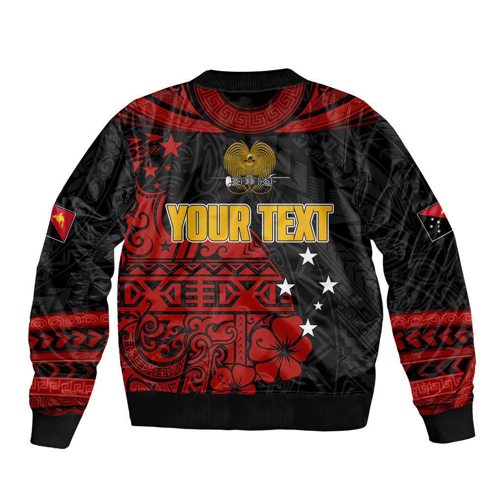Unisex black bomber jacket with red “YOUR TEXT” and star hibiscus graphic, ribbed hem