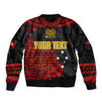 Unisex black bomber jacket with red “YOUR TEXT” and star hibiscus graphic, ribbed hem