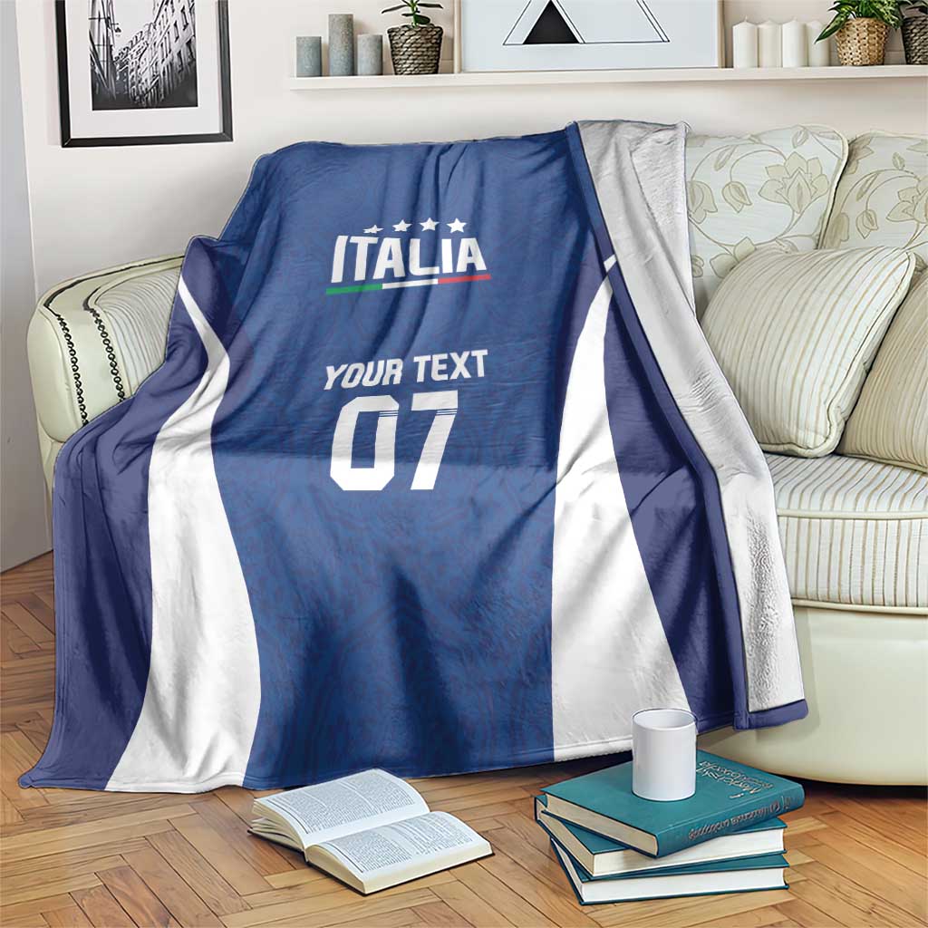 Blue Italy football blanket with white diagonal stripes and “ITALIA” text, Your Text 07