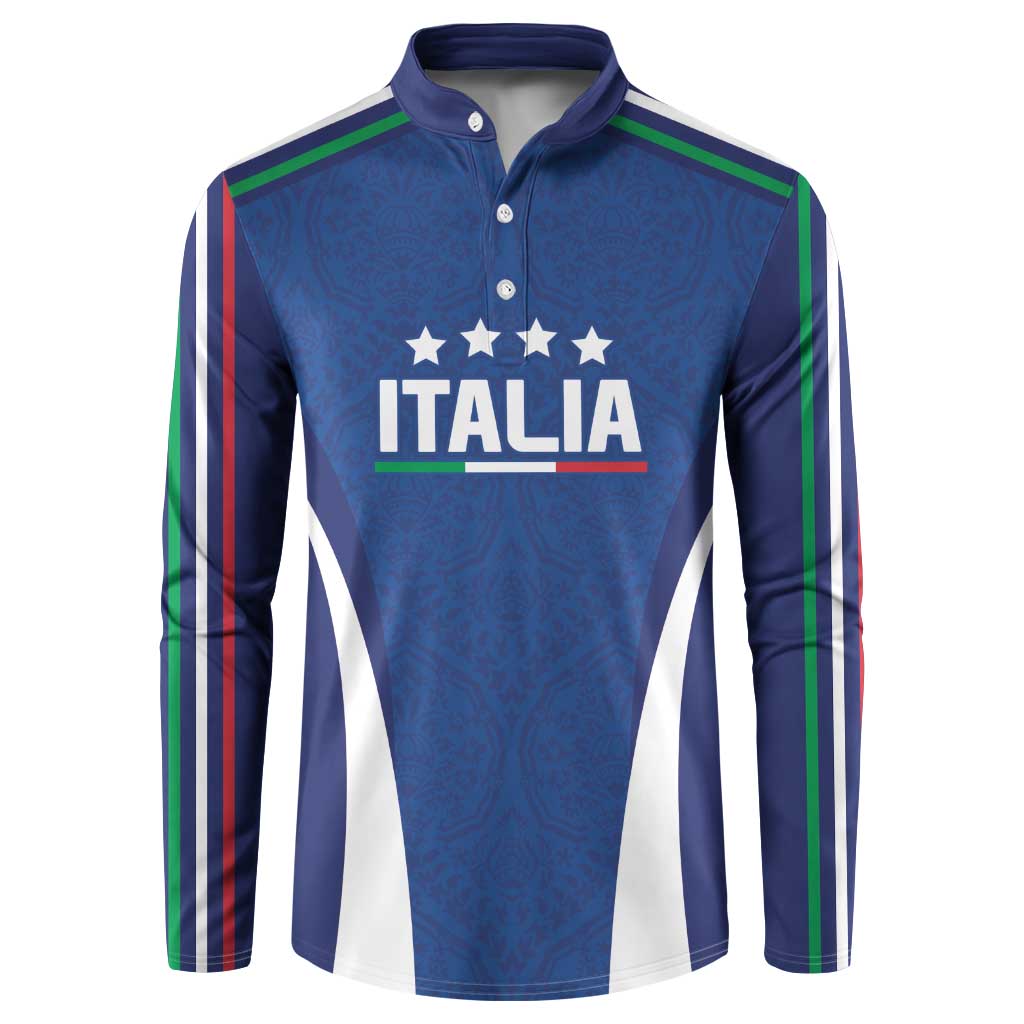 Blue Italy long-sleeve button sweatshirt with ITALIA crest, stars, and multicolor side stripes