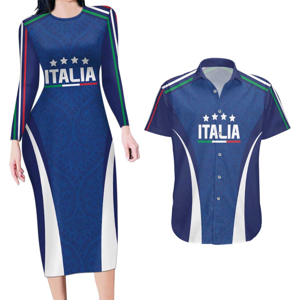 Italy Football 2024 Custom Couples Matching Long Sleeve Bodycon Dress and Hawaiian Shirt Gli Azzurri - Renaissance Inspired LT7 - Wonder Print Shop