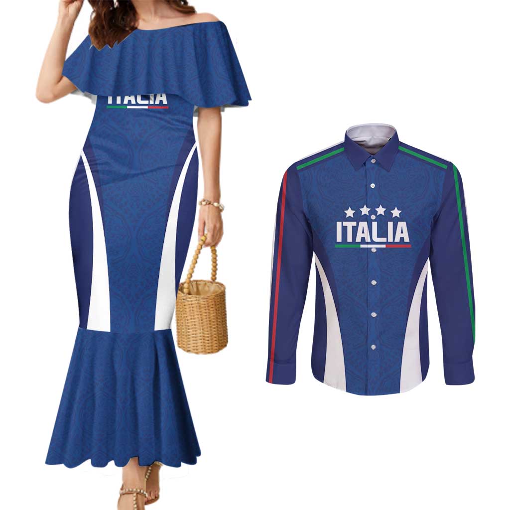 Italy Football 2024 Custom Couples Matching Mermaid Dress and Long Sleeve Button Shirt Gli Azzurri - Renaissance Inspired