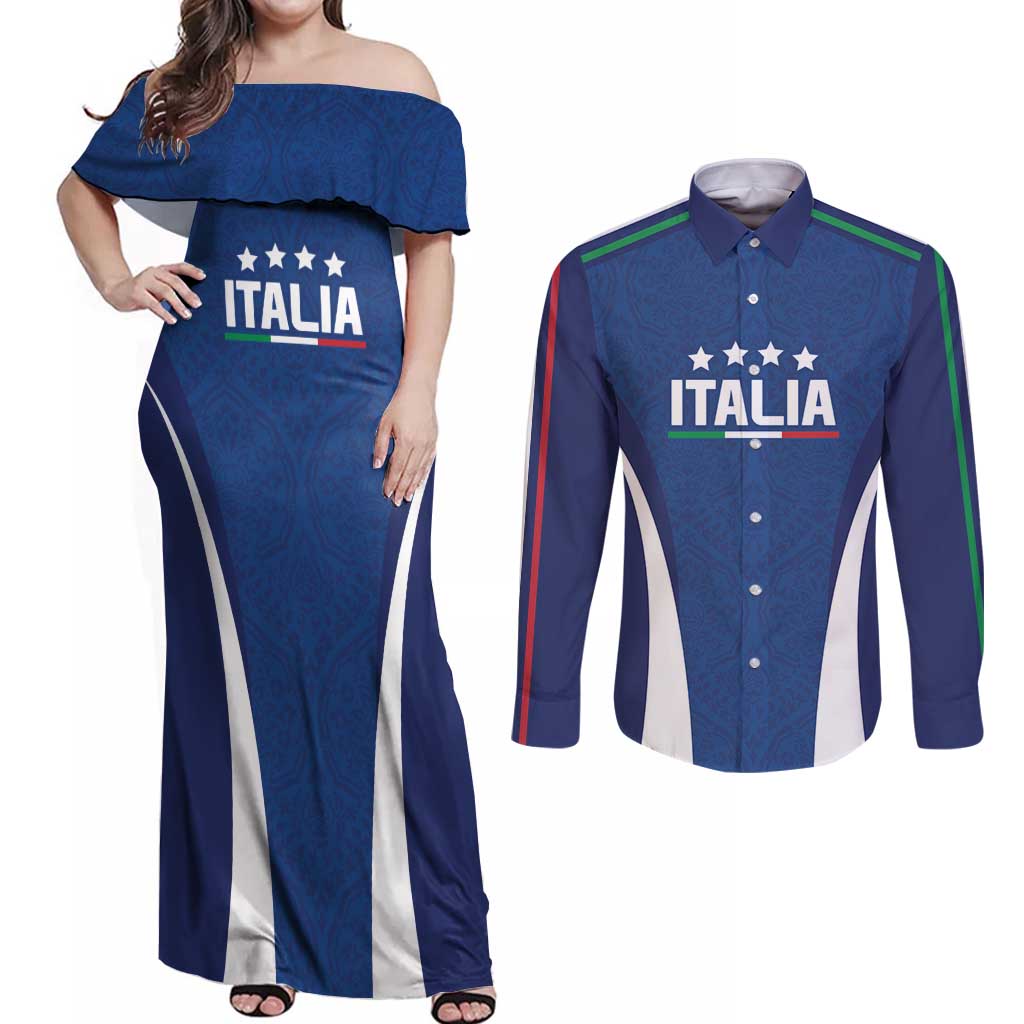 Italy Football 2024 Custom Couples Matching Off Shoulder Maxi Dress and Long Sleeve Button Shirt Gli Azzurri - Renaissance Inspired LT7 - Wonder Print Shop