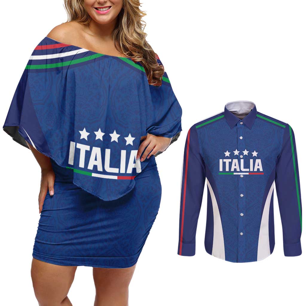 Italy Football 2024 Custom Couples Matching Off Shoulder Short Dress and Long Sleeve Button Shirt Gli Azzurri - Renaissance Inspired LT7 - Wonder Print Shop