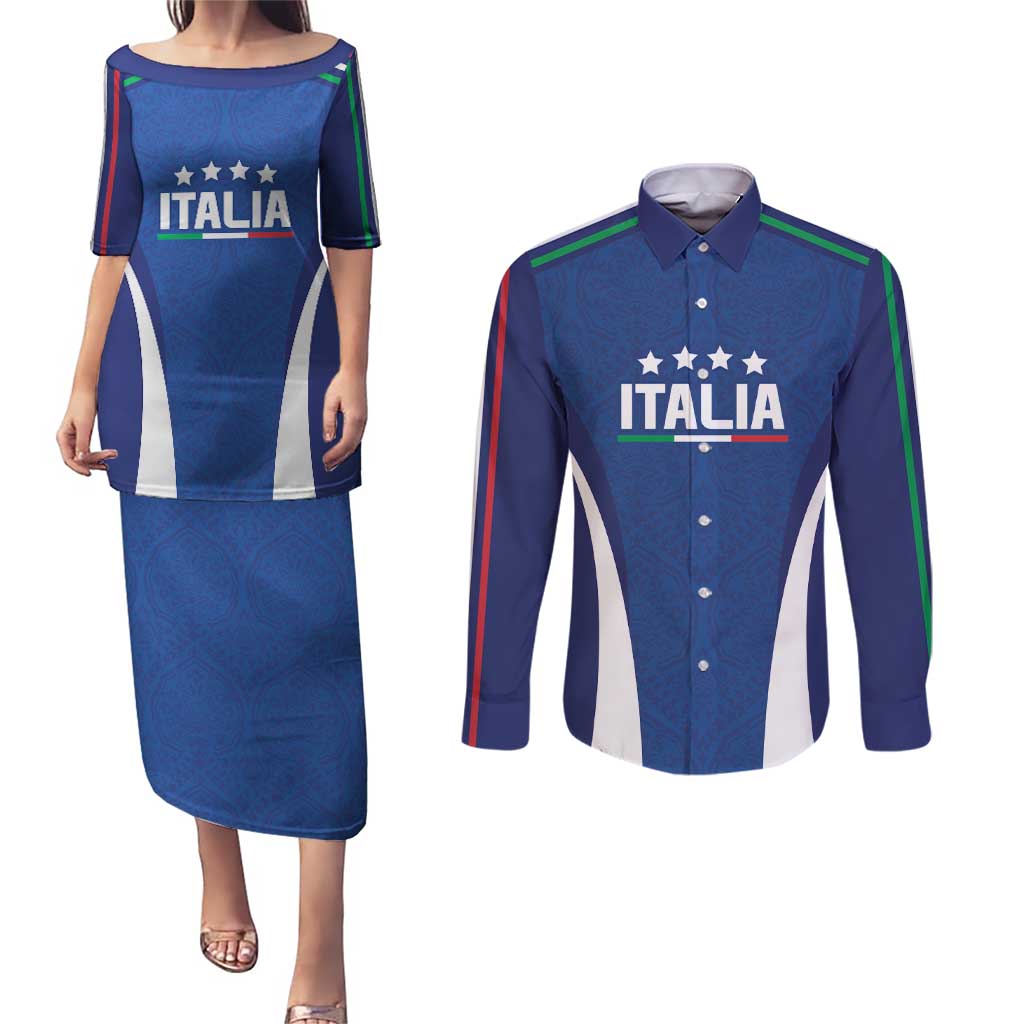 Italy Football 2024 Custom Couples Matching Puletasi and Long Sleeve Button Shirt Gli Azzurri - Renaissance Inspired LT7 - Wonder Print Shop