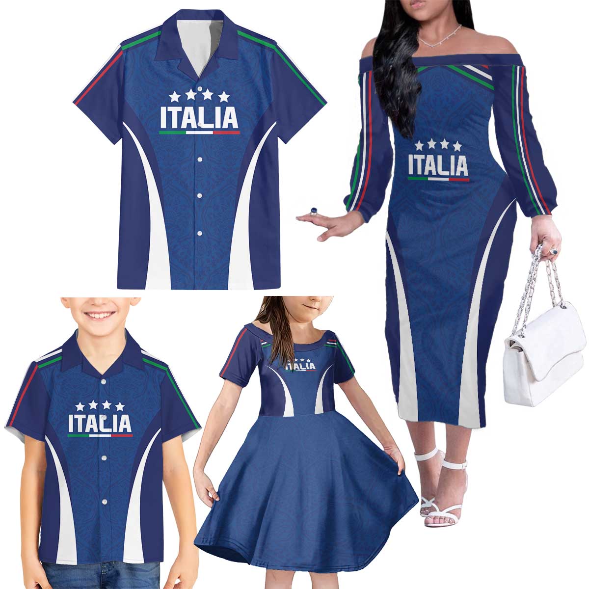 Italy Football 2024 Custom Family Matching Off The Shoulder Long Sleeve Dress and Hawaiian Shirt Gli Azzurri - Renaissance Inspired - Wonder Print Shop