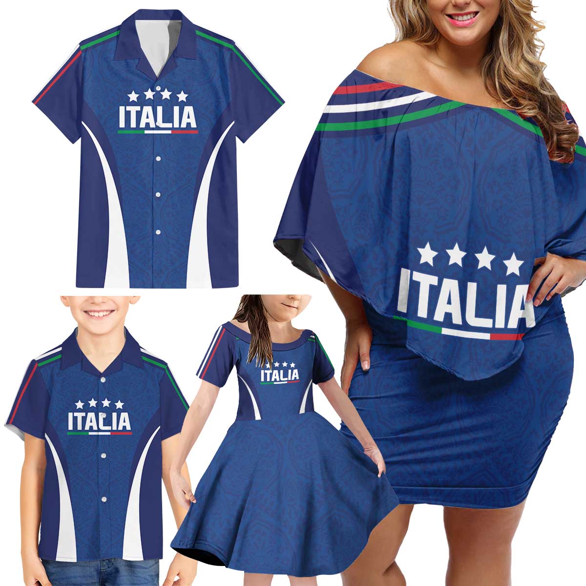 Italy Football 2024 Custom Family Matching Off Shoulder Short Dress and Hawaiian Shirt Gli Azzurri - Renaissance Inspired LT7 - Wonder Print Shop