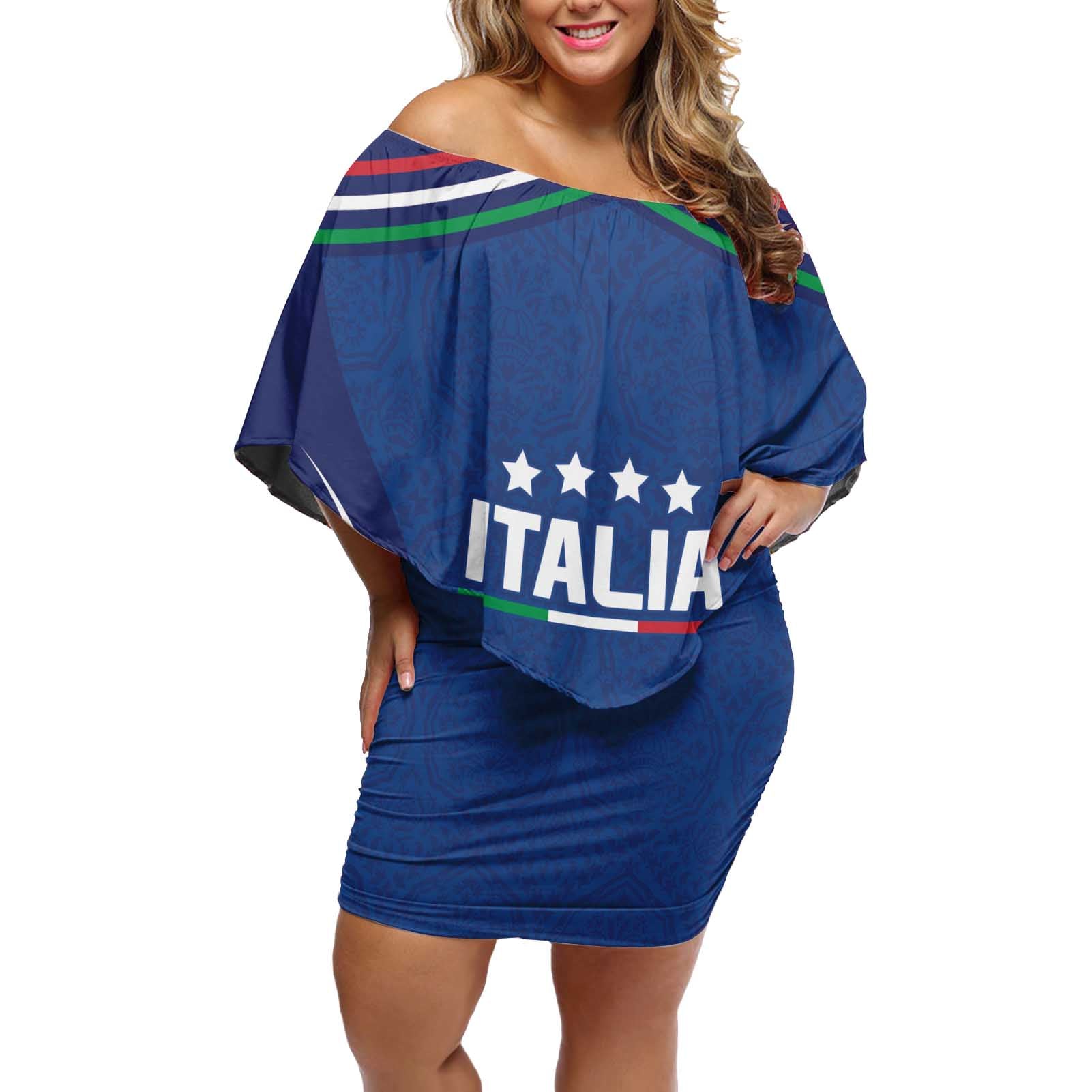 Italy Football 2024 Custom Off Shoulder Short Dress Gli Azzurri - Renaissance Inspired - Wonder Print Shop