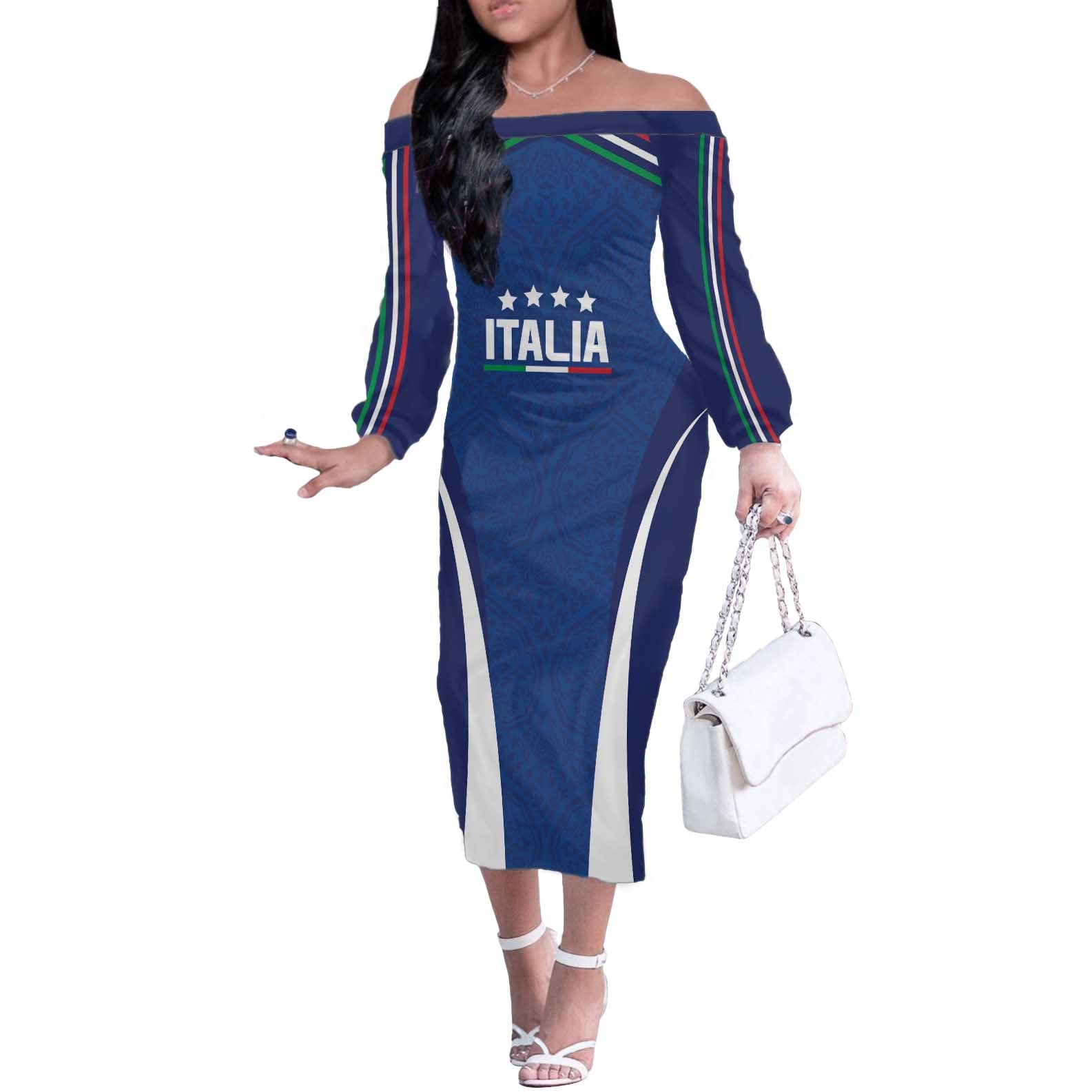 Italy Football 2024 Custom Off The Shoulder Long Sleeve Dress Gli Azzurri - Renaissance Inspired - Wonder Print Shop