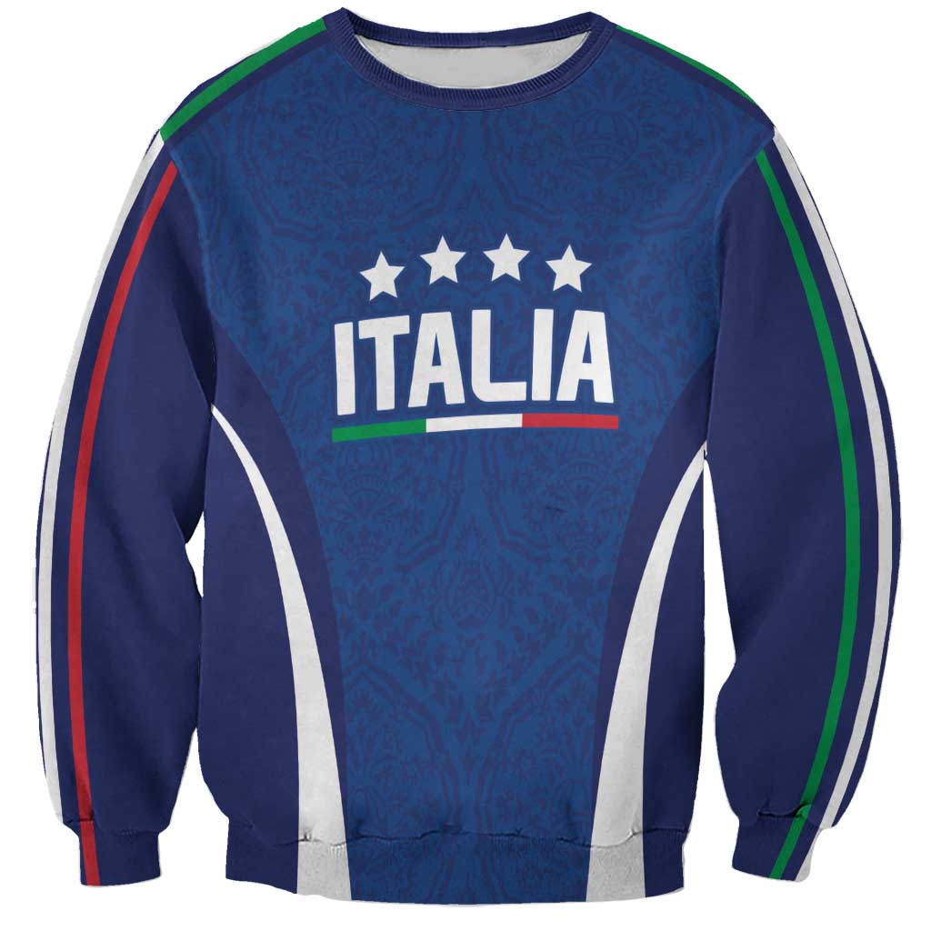 Unisex blue football sweatshirt with ITALIA stars chest graphic, multicolor side stripes