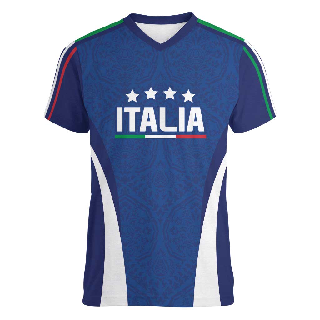 Italy Football 2024 Custom Women V-Neck T-Shirt Gli Azzurri - Renaissance Inspired