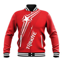 Red baseball jacket with white star emblem, striped collar, snap-button front