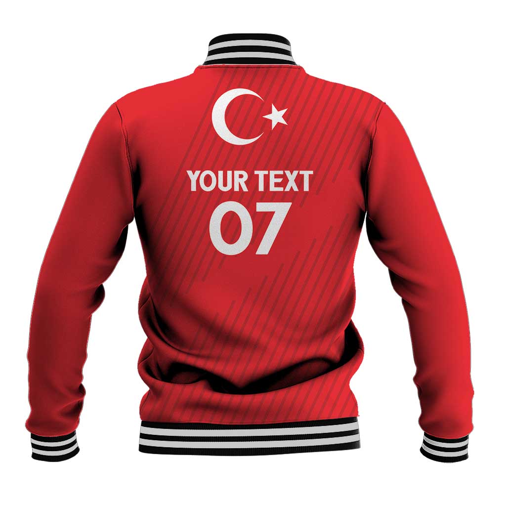 Red baseball jacket back with crescent moon and star, YOUR TEXT, number 07