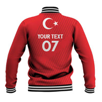 Red baseball jacket back with crescent moon and star, YOUR TEXT, number 07