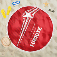 Red round beach blanket with Turkey star-and-stripe graphic, fringed edge, 150cm