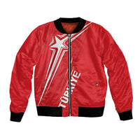Red satin bomber jacket with black ribbed collar, zipper front, and star emblem panel