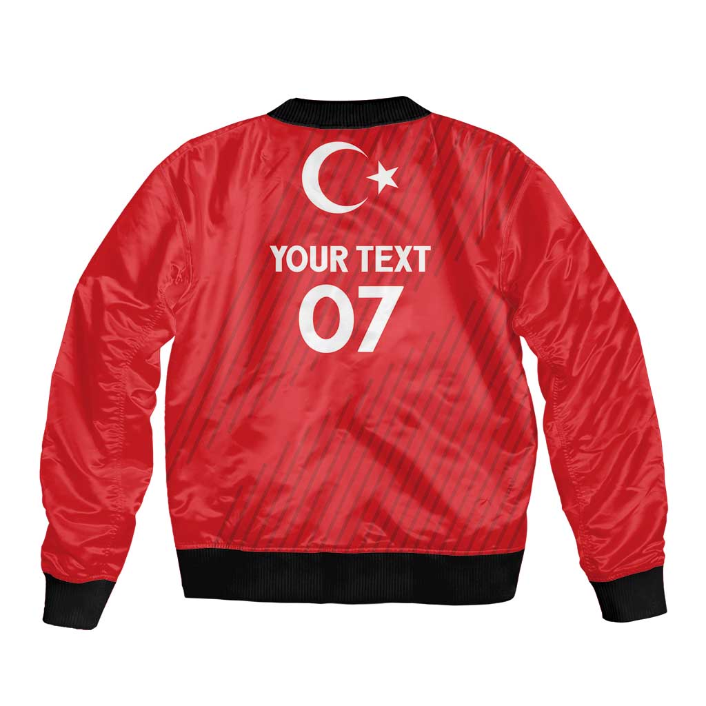 Red satin bomber jacket with black ribbed hem and back crescent moon with custom text