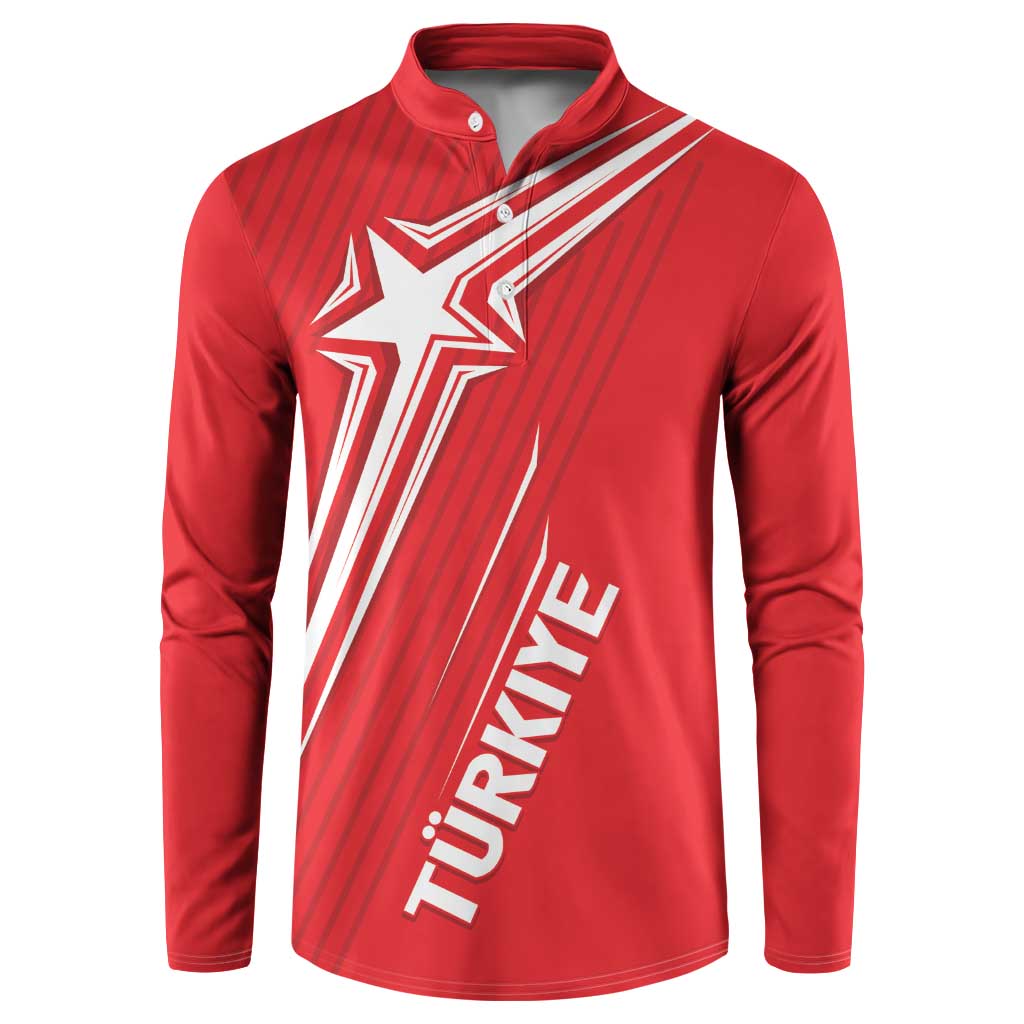 Red button sweatshirt with stand collar, star graphic, and TÜRKİYE print