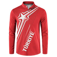 Red button sweatshirt with stand collar, star graphic, and TÜRKİYE print