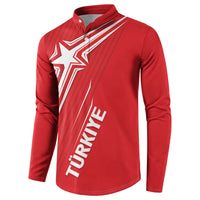 Red Turkey football button sweatshirt with white crest and striped graphic, front