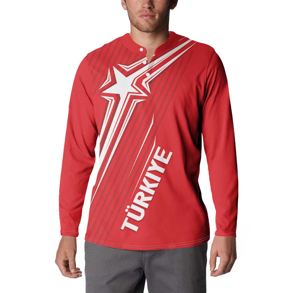Red long-sleeve button sweatshirt with star graphic and TURKIYE text