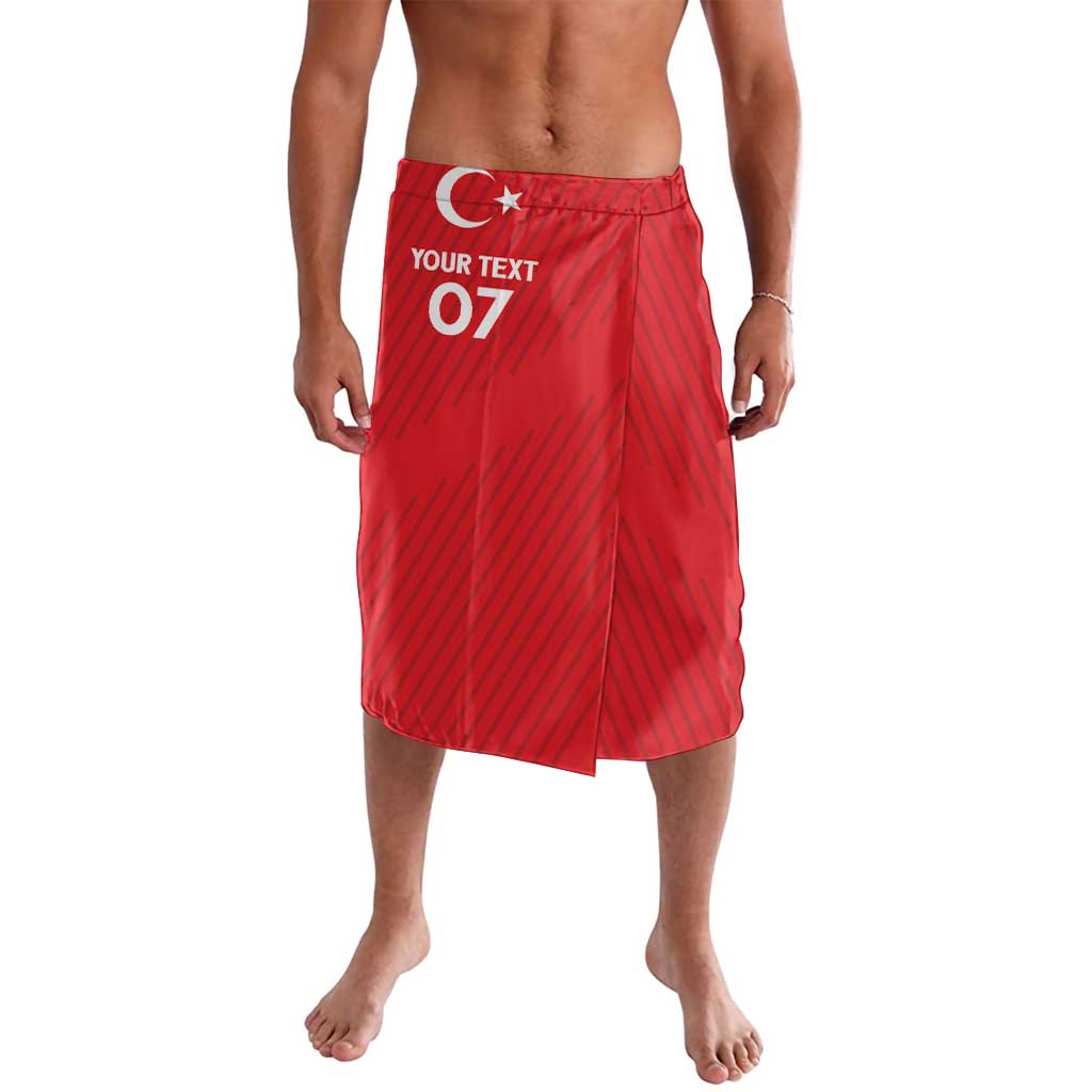 Red custom football shorts with Turkish crescent and star, 'YOUR TEXT' and 07.