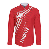 Red custom long-sleeve button shirt with white star and diagonal stripe graphic