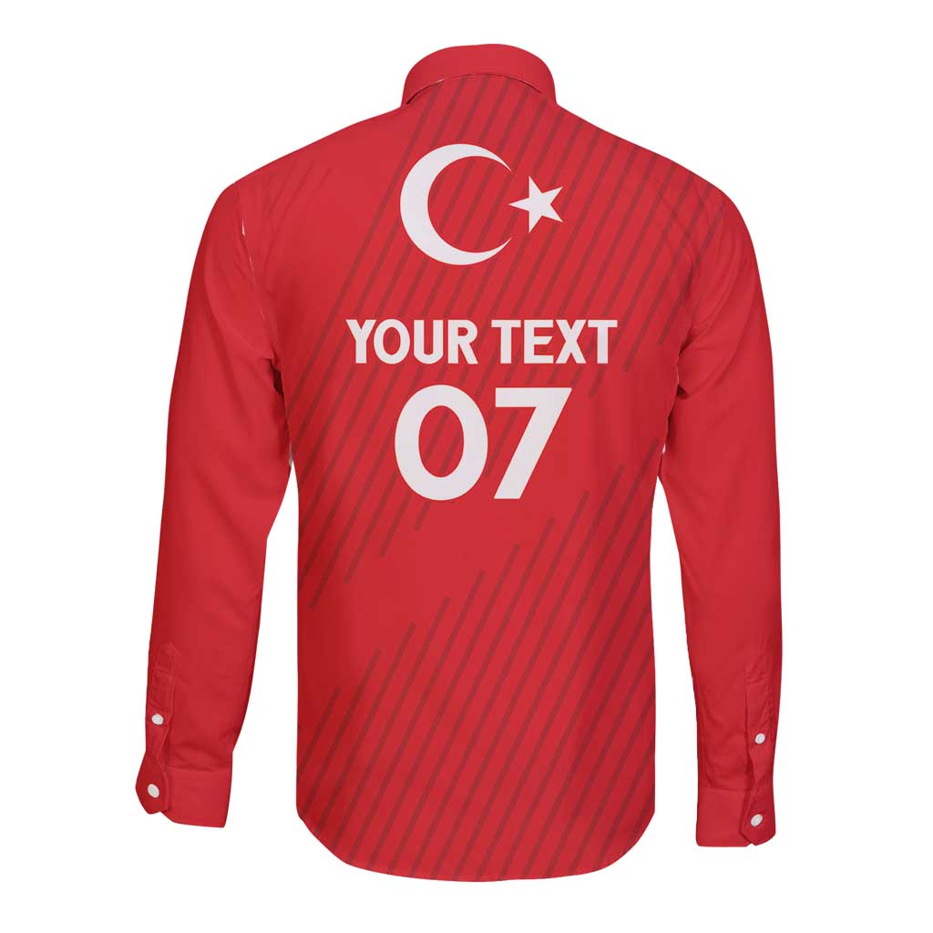 Red custom long-sleeve button shirt back with crescent moon, star, and 'YOUR TEXT 07'