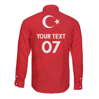 Red custom long-sleeve button shirt back with crescent moon, star, and 'YOUR TEXT 07'