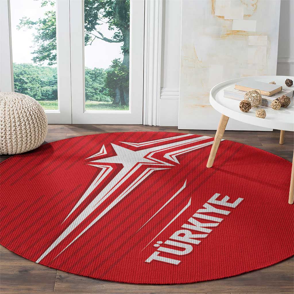 Red round rug with large white crescent star and TURKIYE text