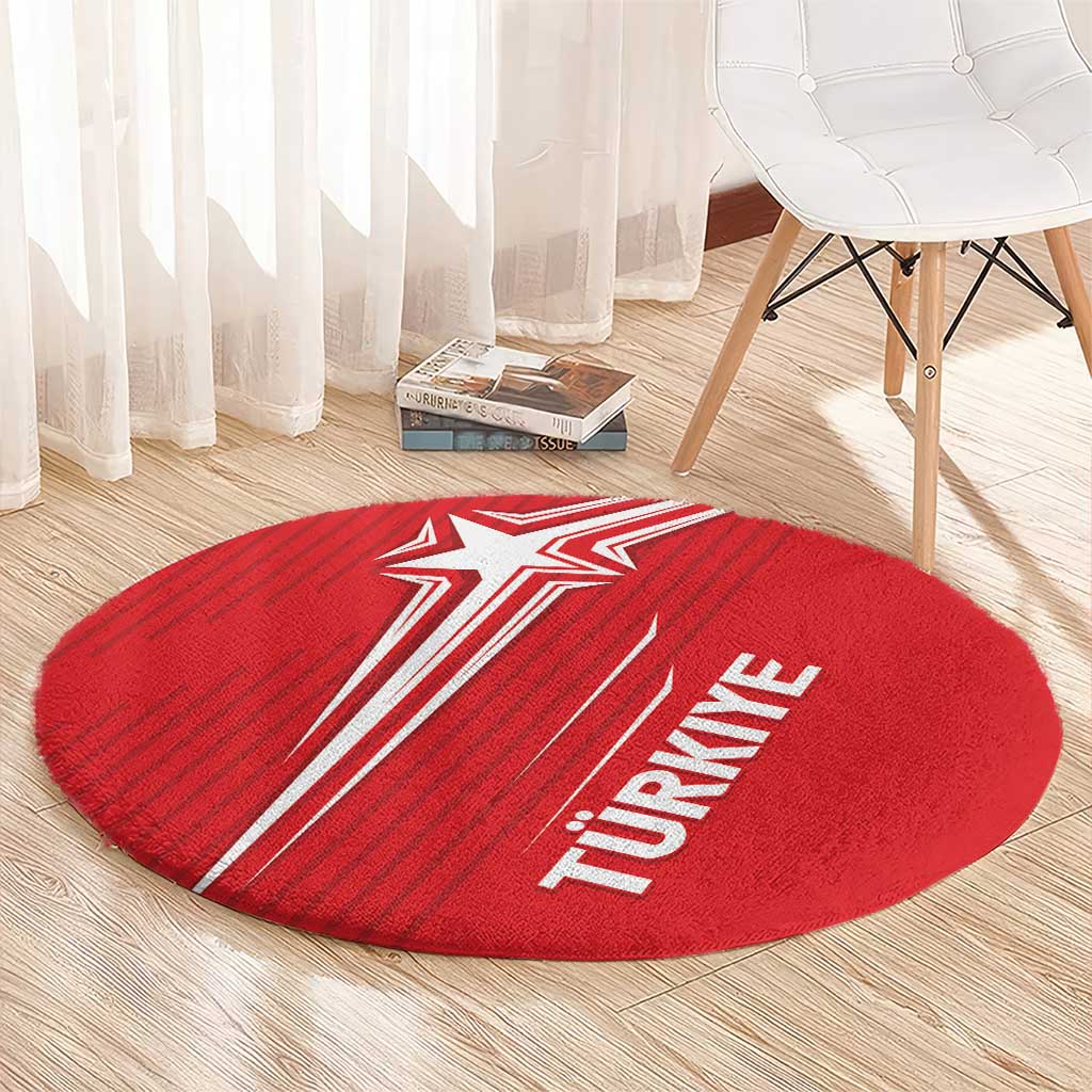 Red round rug with white crescent-star stripes and TURKIYE lettering