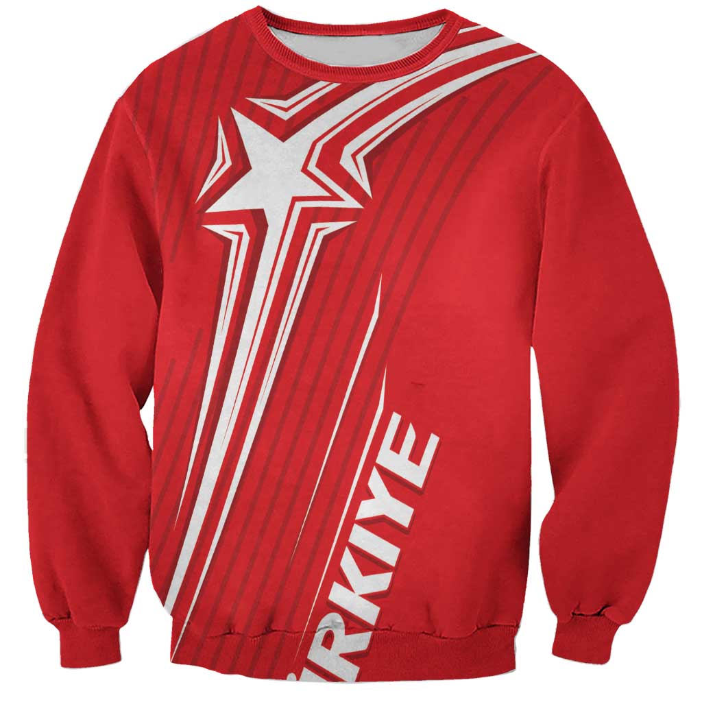 Red crewneck sweatshirt with white star graphic on front, ribbed cuffs and hem