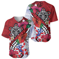 Two baseball jerseys with red Taino tribal prints and animal face design