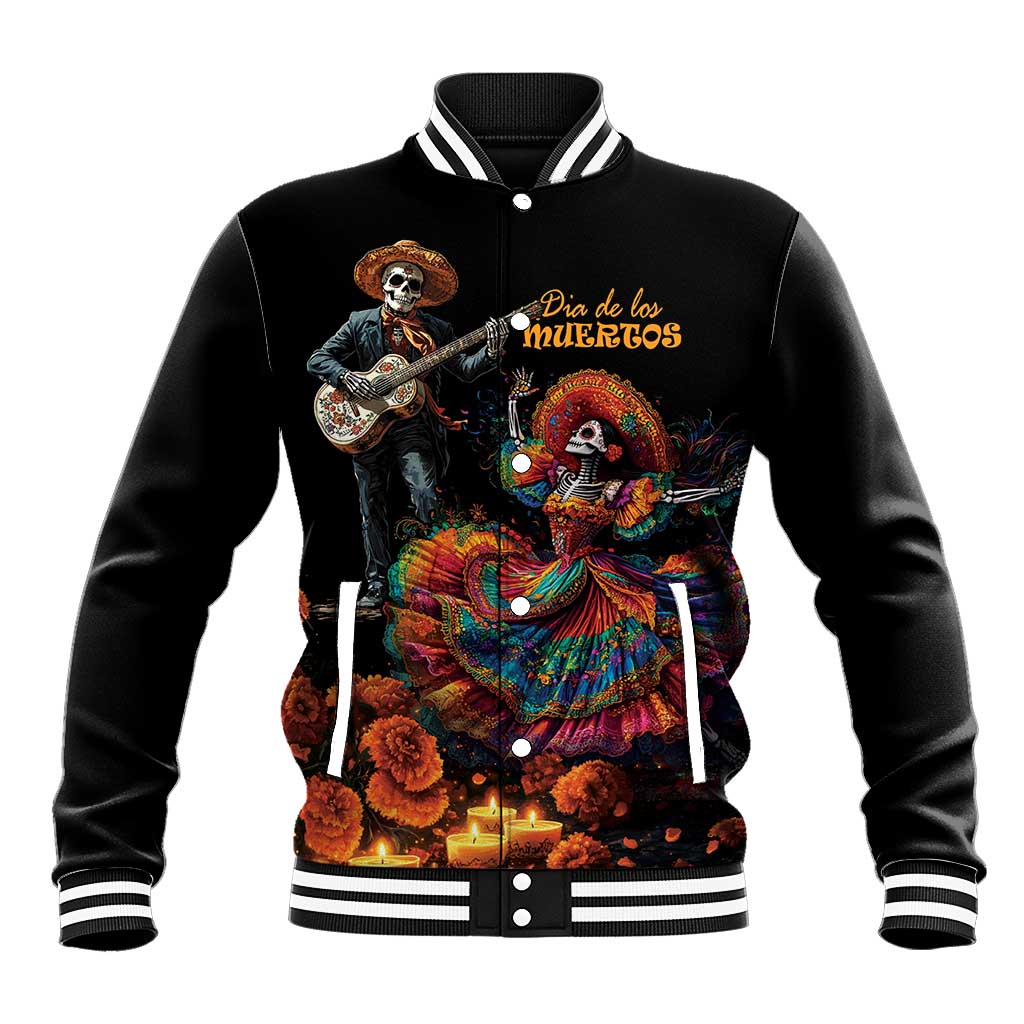 Black baseball jacket with Dia de los Muertos skeleton print