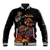 Black baseball jacket with Dia de los Muertos skeleton print