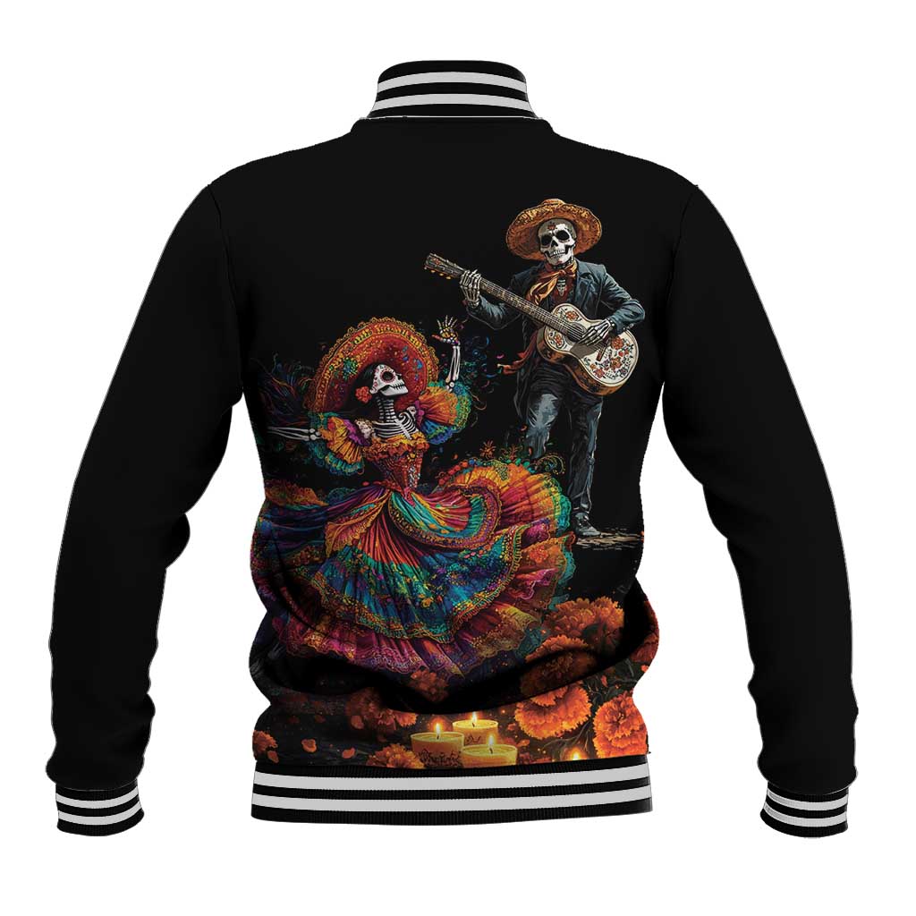 Black baseball jacket with Dia de los Muertos skeleton and floral back graphic
