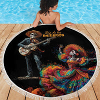 Round black beach blanket with white fringe, Dia de los Muertos skeleton guitarist and dancer artwork