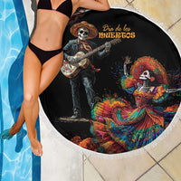 Round black beach blanket with white fringe, Dia de los Muertos skeleton guitarist and costumed dancer