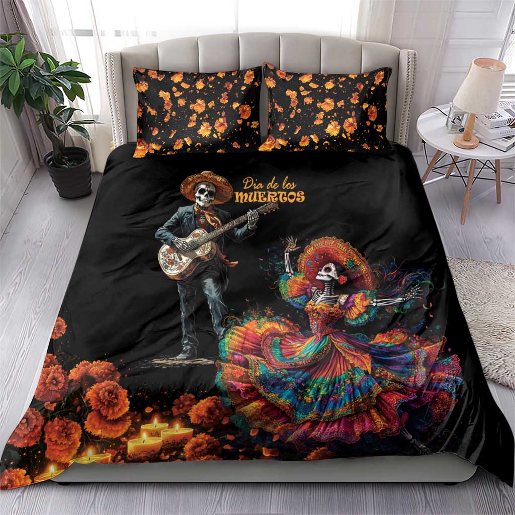 Black Dia de los Muertos bedding set with skeleton musician and dancer