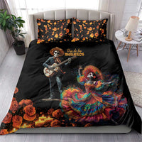 Black Dia de los Muertos bedding set with skeleton musician and dancer
