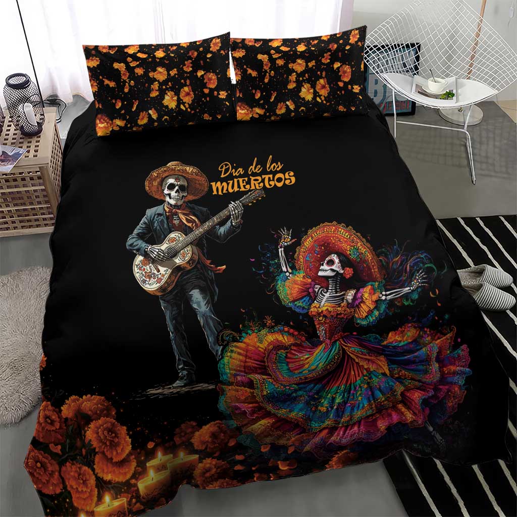 Black bedding set with Día de los Muertos skeleton print